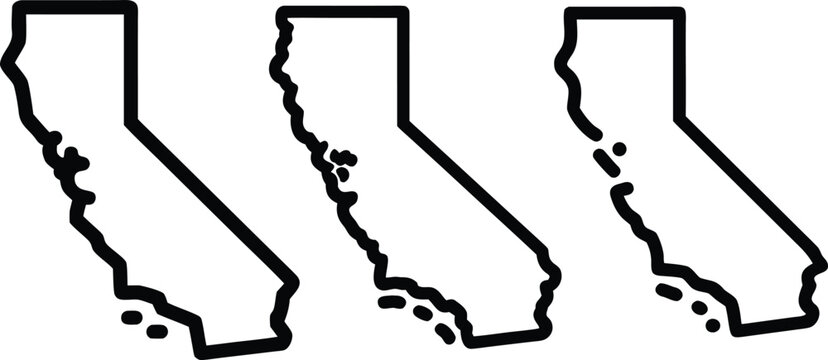 California state outline icons showing three different weights and styles of geographic map borders vector