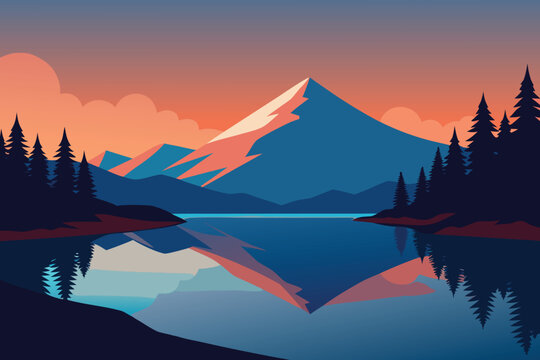 Snowy mountain landscape with glowing sunset sky reflected over a calm lake and soft clouds drifting through the evening mist