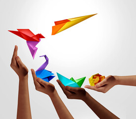 Transform To Succeed and Transformation with Success as people changing and growing for achievement as a business leadership and change metaphor with innovation and creativity as paper transforming in