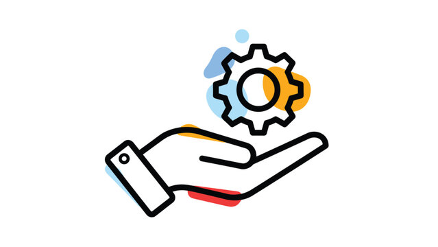 Outlined hand icon holding or supporting a gear symbol with colorful abstract background shapes for service concepts.