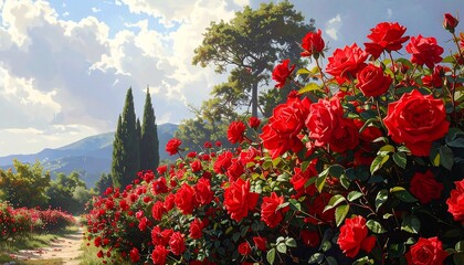 Lush red rose bushes line a path winding through a sunlit garden, rolling hills under a blue, cloud-filled sky
