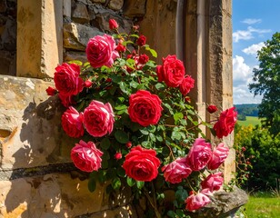 Lush red roses cascade from a stone structure in sunlight, with a vibrant green landscape and blue sky in the background