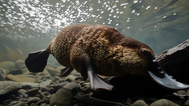 Ultra realistic close up video of a platypus (Ornithorhynchus anatinus) digging underwater riverbed with its sensitive duckbill, foraging for insect larvae and shrimp among rocks