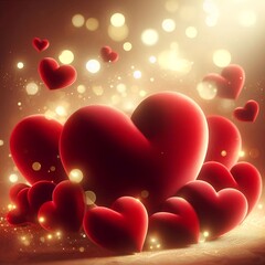 Soft velvet red hearts floating in layers, romantic dreamy background