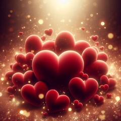 Soft velvet red hearts floating in layers, romantic dreamy background