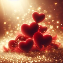 Soft velvet red hearts floating in layers, romantic dreamy background