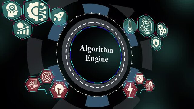 Algorithm engine visualization with automated logic processing, computational workflow control, analytics execution modules, and AI-driven system design.