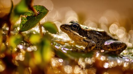 Fototapeta premium Spring Frog Close-Up After Rain in Golden Light in the wild