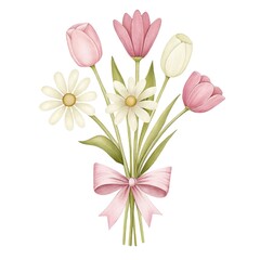 Obraz premium Pastel watercolor bouquet with tulips and daisies