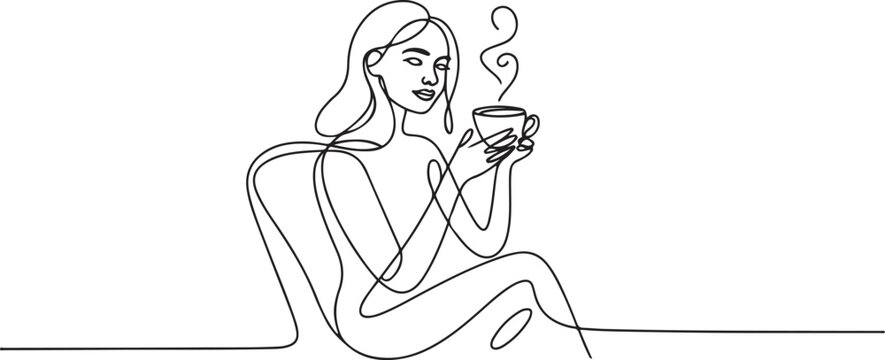 Single continuous line drawing young pretty girl sitting in modern chair, enjoying coffee.one line vector illustration with white background
