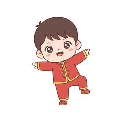 Joyful cartoon of a cute little Asian boy in traditional red attire, striking a playful pose, ideal for festive cultural celebrations and children's themes