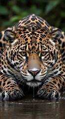 Jaguar Crouching Low by Water in Dense Jungle depth wallpaper 4k