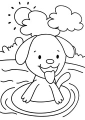 Fototapeta premium Coloring Page for Kids, Cute Smiling Dog on Grass Outline on Transparent Background