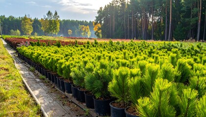 Lush rows of potted conifers bathed in warm sunlight, with a backdrop of a vibrant autumn forest