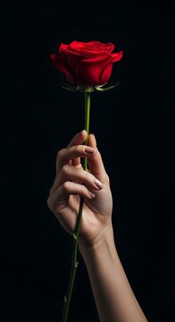 Hand offering a red rose with dark background depth wallpaper 4k