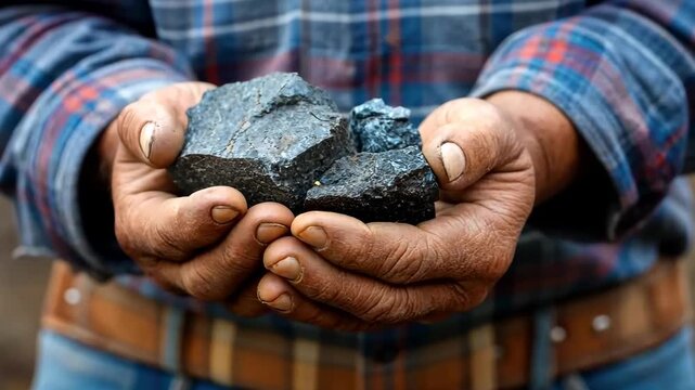 Miner holds pieces of coal in hands while sharing knowledge about the importance of coal in energy production and its impact on the environment