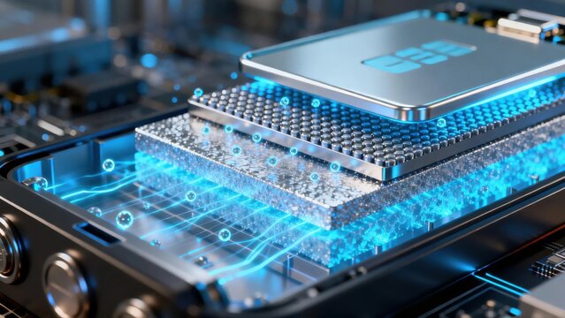 Cross-section 3D view of solid-state battery layers with glowing energy flow structure