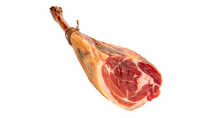 A cured ham is hanging with a piece of string isolated on transparent background