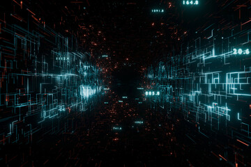 Obraz premium High-speed motion through a cybernetic space with neon blue light trails. Concept of virtual reality, internet connection, and artificial intelligence processing in a tech environment.
