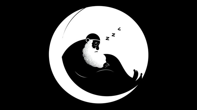 Peaceful black and white illustration of a sleeping monkey curled in a crescent moon, minimalist art with tranquil night design