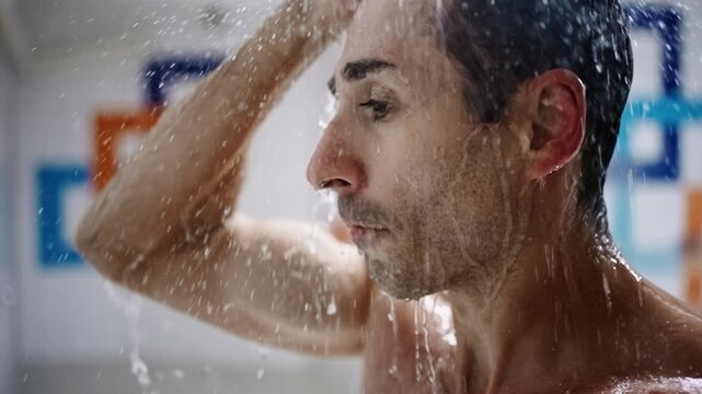 A Man in Contemplation Under a Shower, Capturing the Intimate Moment of Water Running Down His Face and Reflecting His Emotions in a Serene Environment