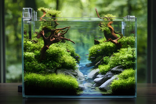 Beautiful freshwater aquascape with live aquarium plants, Frodo stones, redmoor roots covered by java moss and a school of blue neon tetra fish. Isolated view.
