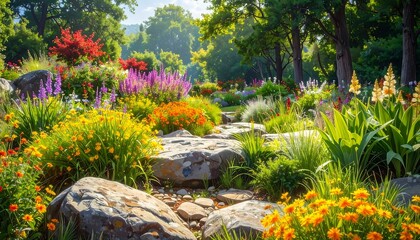 Lush, sunny garden pathway winds through a vibrant display of flowering plants, leading to a sun-dappled forest in the distance