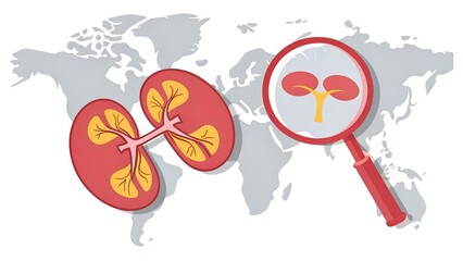 Obraz premium An illustration of human kidneys with a magnifying glass over a world map background