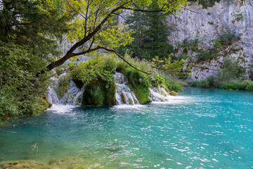 Naklejka premium Plitvice Lakes, Croatia - August 16, 2025: Scenic landscape of turquoise lakes and waterfalls in National Park.