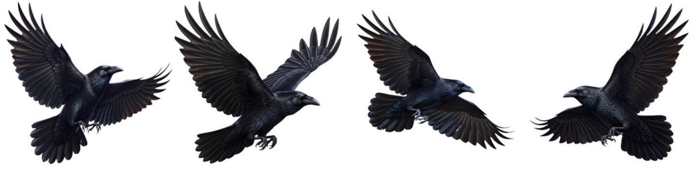 our set of black bird Birds flying ravens isolated on white background Corvus corax Halloween four flying birds isolated on white background PNG stock.../