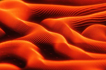 Selbstklebende Fototapeten Rot Futuristic 3D terrain with luminous orange contours. Abstract digital landscape of a virtual world. Sci-fi neon surface with waving lines, perfect for gaming, VR, and futuristic tech backgrounds.  © alones