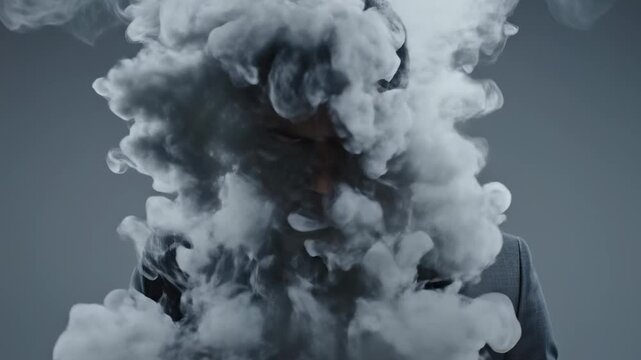 Conceptual metaphor of a businessman's mind exploding from stress, information overload, and burnout, with his head dissolving into smoke before re forming on a gray studio background