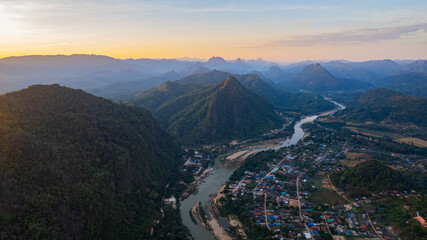 View of the Moei River and mountains which forms the border between Thailand and Myanmar, in Sob Moei District, Tak Province. Mae Tawa Pier