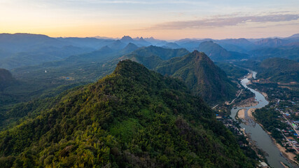View of the Moei River and mountains which forms the border between Thailand and Myanmar, in Sob Moei District, Tak Province. Mae Tawa Pier