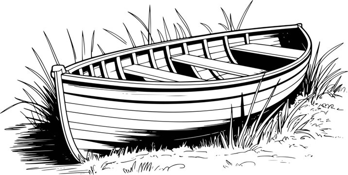 Black and White Illustration of a Rowboat Resting Among Tall Grass