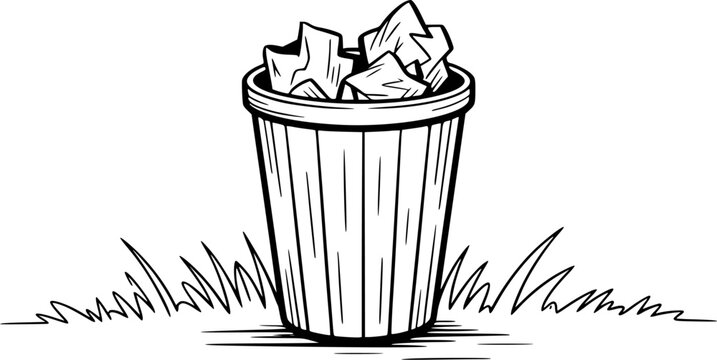Black and White Illustration of a Trash Can Filled with Crumpled Paper on Grass