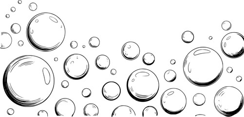 Hand-Drawn Bubbles Floating in Water, Black and White Illustration