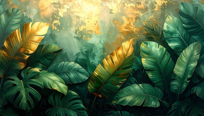Lush tropical foliage depicted in a vibrant painting, showcasing a combination of emerald green and gold hues. The background displays a light source