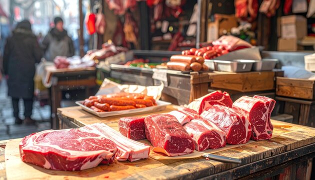  Cortes grandes de carne roja exhibidos sobre una mesa de madera en un mercado al aire libre.
