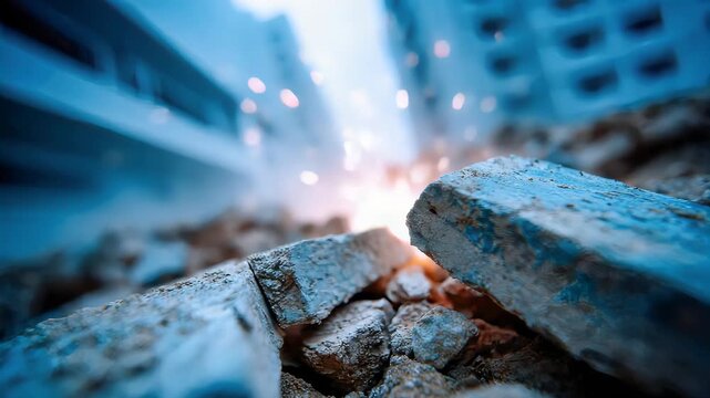 Low-angle macro of concrete rubble with sparks during urban building demolition