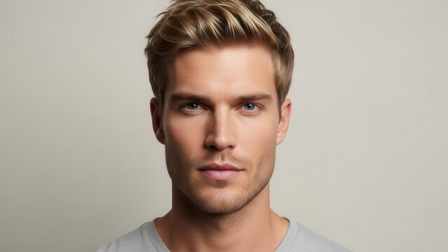 Frontal close up portrait of attractive blonde male model with blue eyes and short stubble on white backdrop