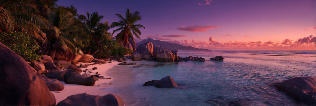 tropical sunset in seychelles with palm trees, serene seychelles beach at golden hour, paradise sunset over seychelles ocean