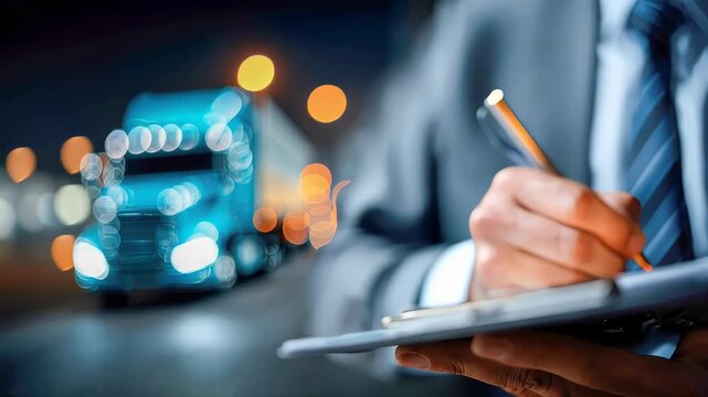 Businessman signing delivery documents on a clipboard with a truck in the background, logistics paperwork and verification concept