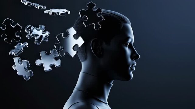 Abstract profile of a human head dissolving into puzzle pieces, representing a mental breakdown, stress, burnout, memory loss, and the chaotic effects of information overload on the brain
