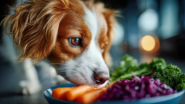 Spaniel dog sniffing and eating fresh vegetables from a bowl, healthy pet food concept