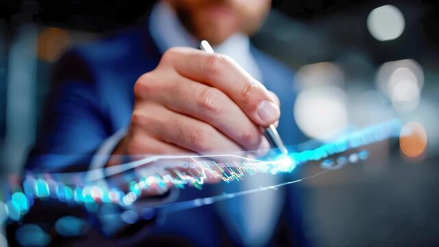 Businessman in suit using a pen on a transparent digital interface with glowing analytics graph, business process management concept