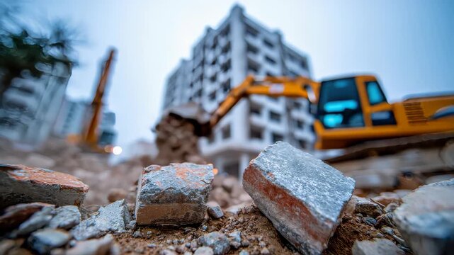 Rubble and broken bricks at demolition site with heavy machinery and damaged building background