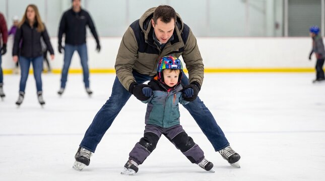 Father teaching young child to skate on ice rink at indoor arena  