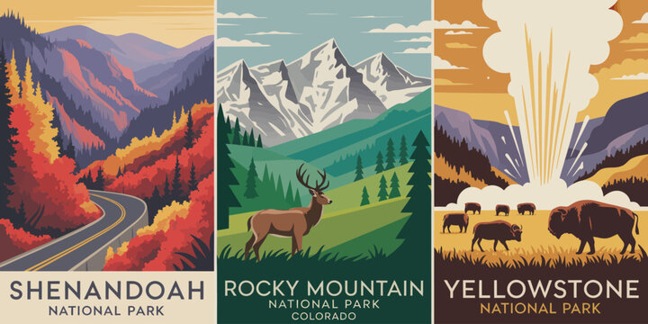 Shenandoah National Park Poster, winding road through red and orange autumn forest landscape