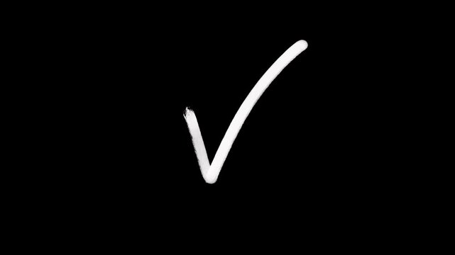 Hand drawn brush stroke tick mark or check mark reveal animation with red and white tick orcheck symbols showing approval success on black background